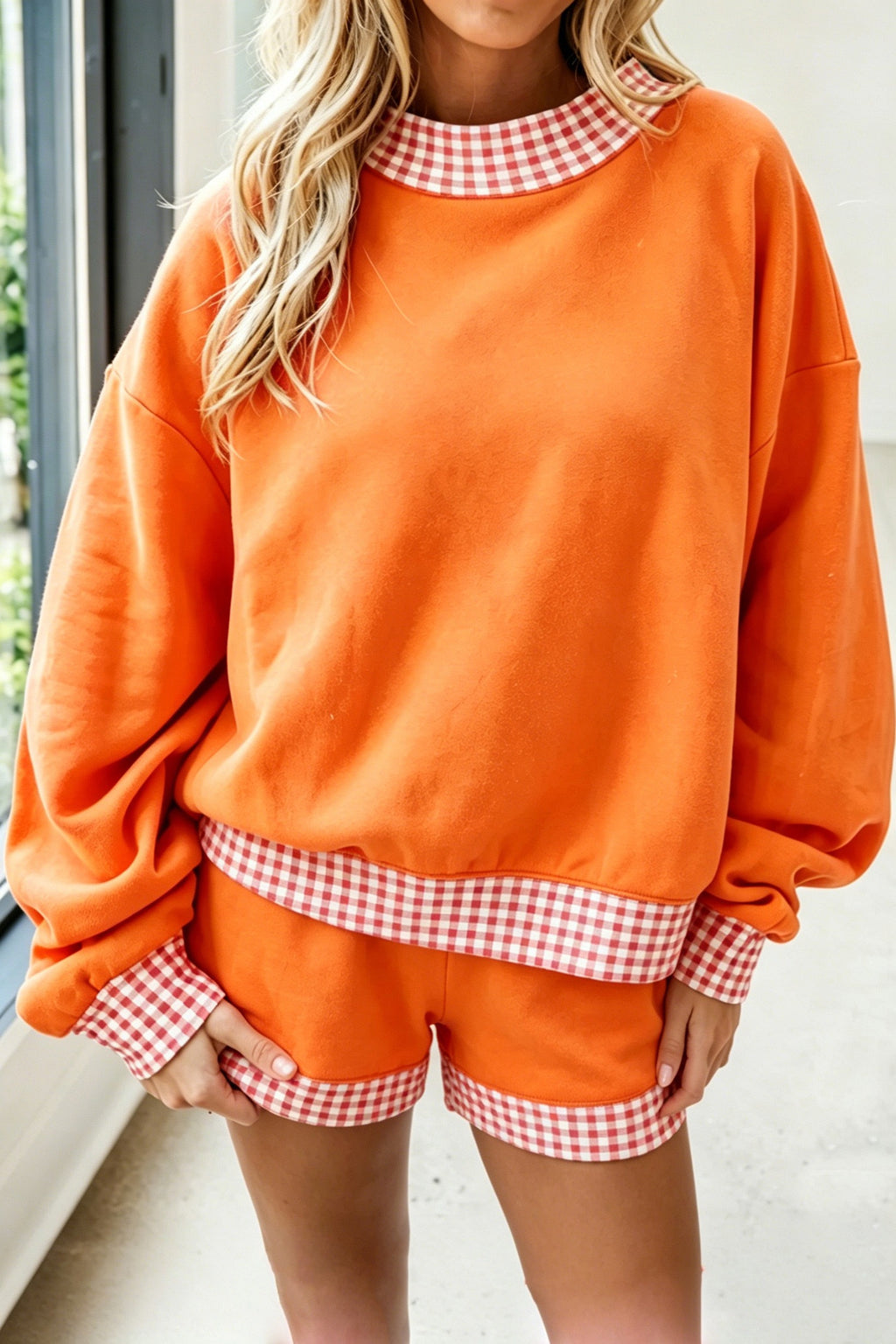 Polka Dot/Gingham Trim Baggy Pullover 2-Piece Short Setting