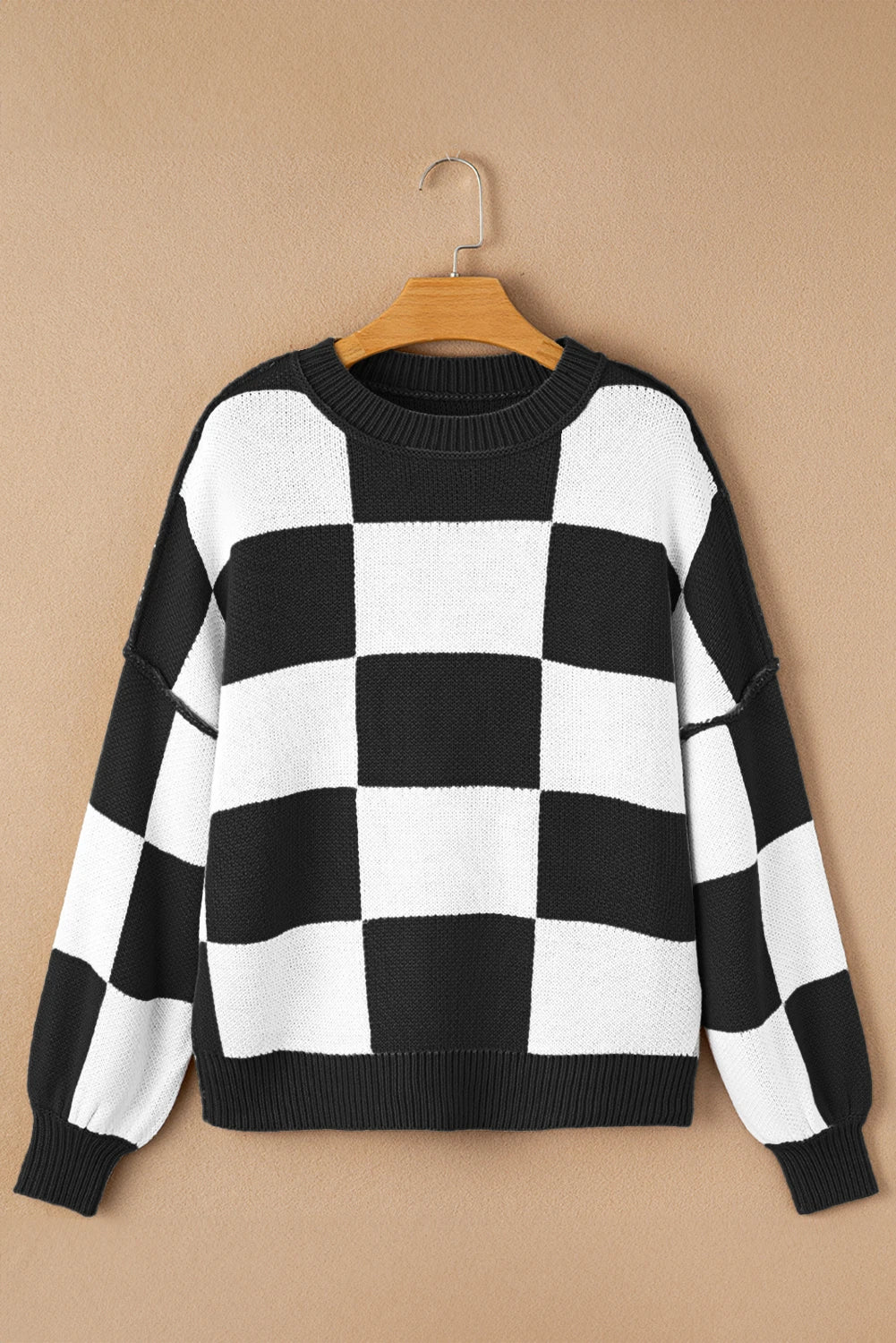 Black Checkered Bishop Sleeve Sweater
