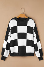 Black Checkered Bishop Sleeve Sweater