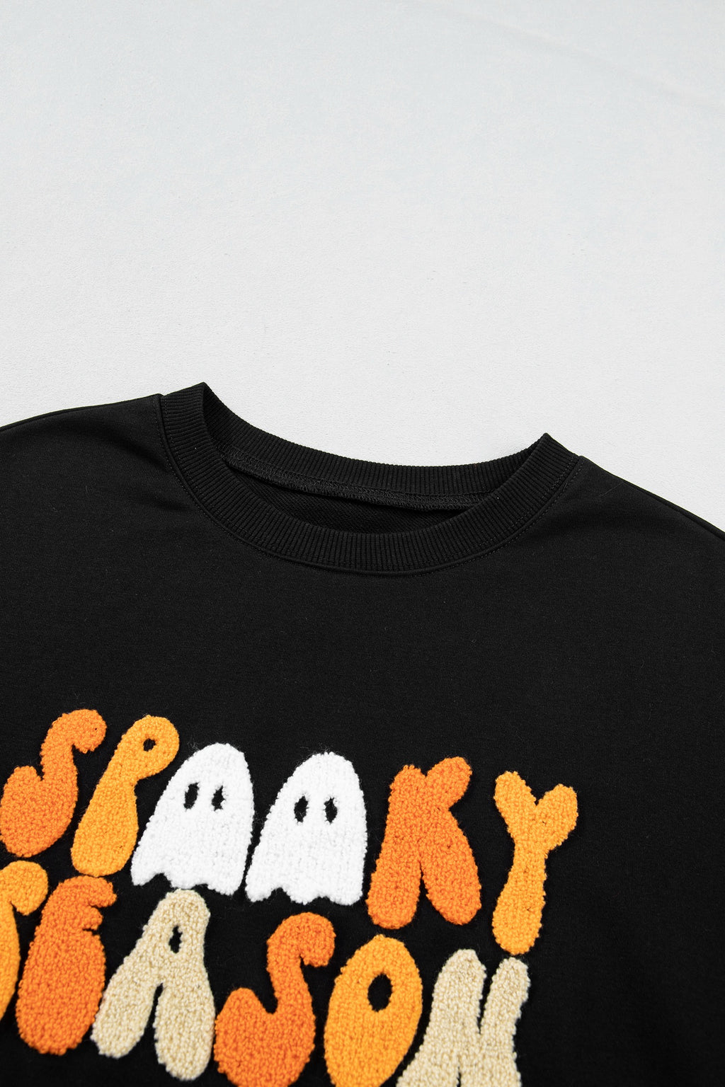 Embroidered Spooky Season Graphic Long Sleeve Round Neck Pullover