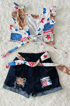 4th of July backless top denim shorts girls set DLH2392