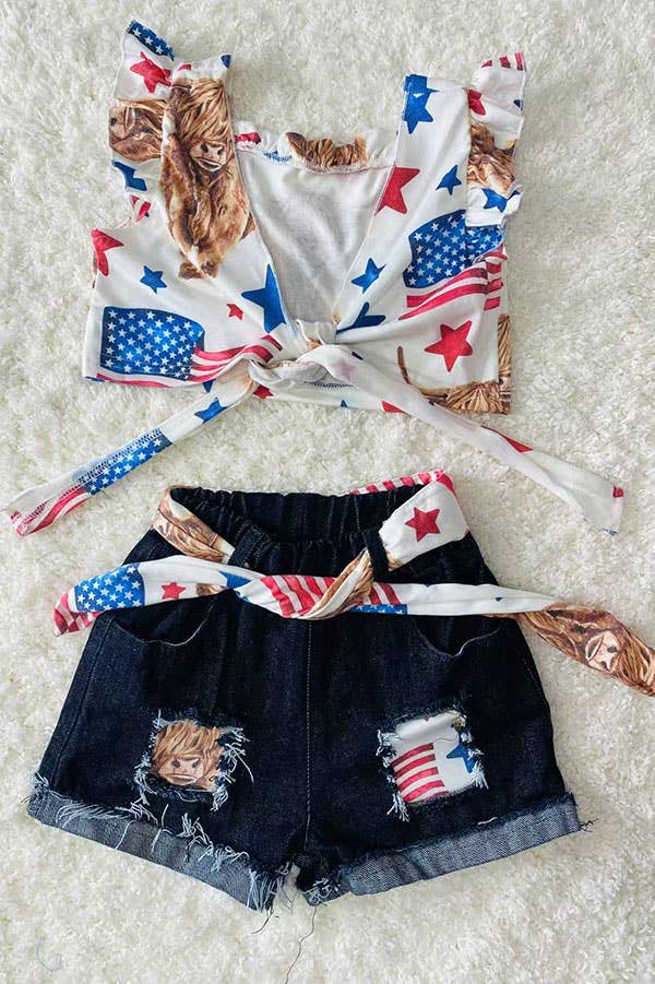 4th of July backless top denim shorts girls set DLH2392