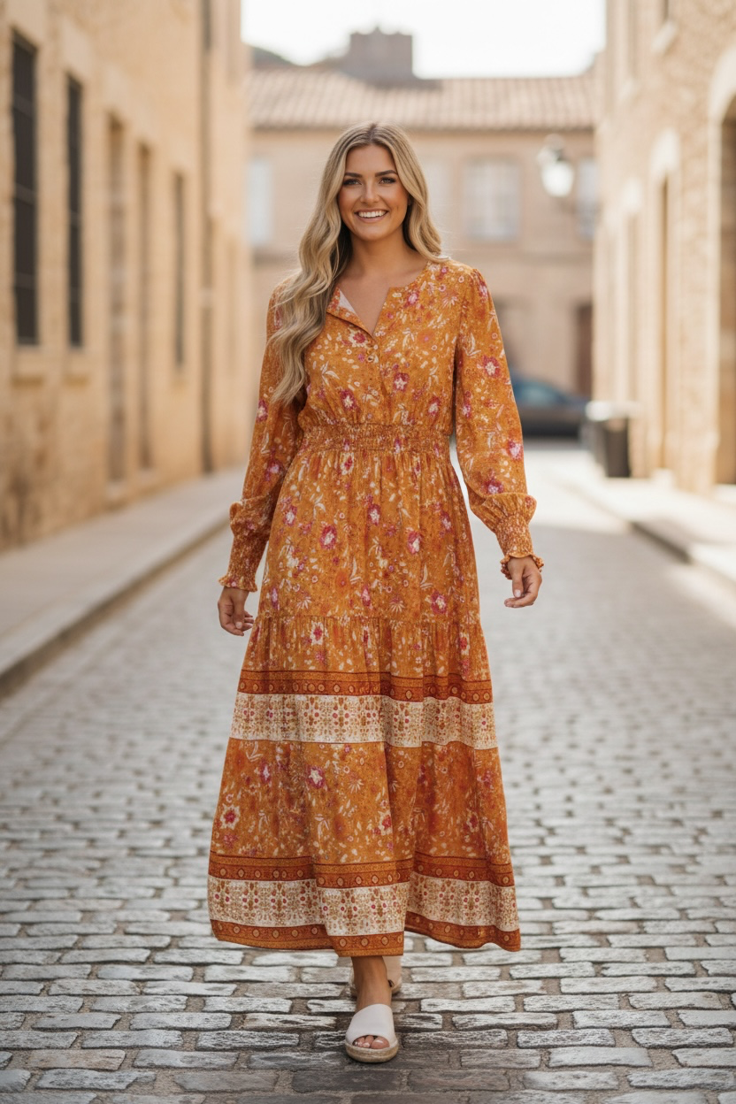 Orange Floral Print Smocked Waist Long Sleeve Boho Maxi Dress