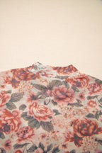 White Retro Floral Print Mock Neck Mesh Long Sleeve Top