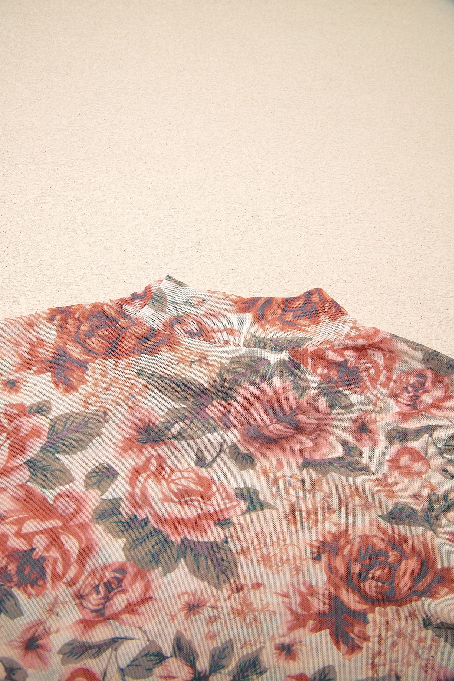 White Retro Floral Print Mock Neck Mesh Long Sleeve Top