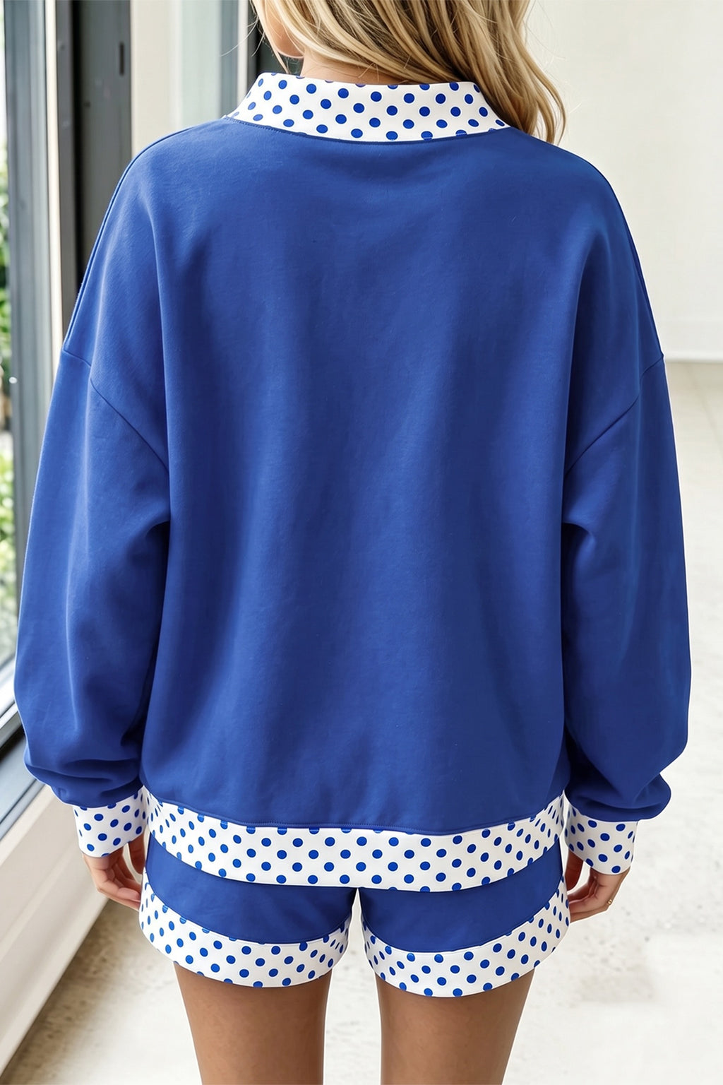 Dark Blue Polka Dot/Gingham Trim Baggy Pullover 2pcs Short Set