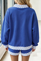 Dark Blue Polka Dot/Gingham Trim Baggy Pullover 2pcs Short Set