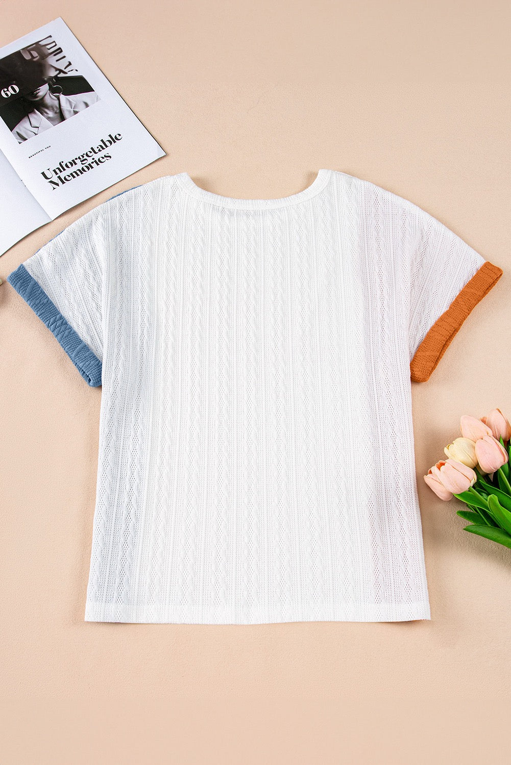 Light Blue Textured Color Block Loose Fit T-Shirt