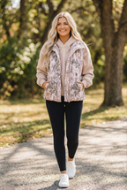 Brown Camo Leaf Print Winter Puffer Vest