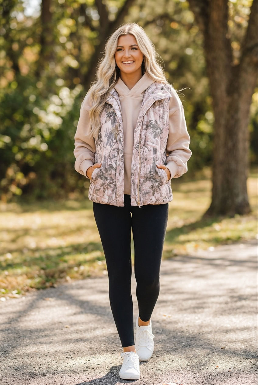 Brown Camo Leaf Print Winter Puffer Vest
