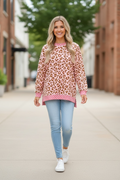 Pink Leopard Polka Dot Colorblock Trim Long Sleeve Top