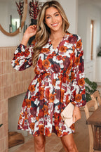 Red Floral Print Wrap V Neck Puff Sleeve Flowy Mini Dress Za