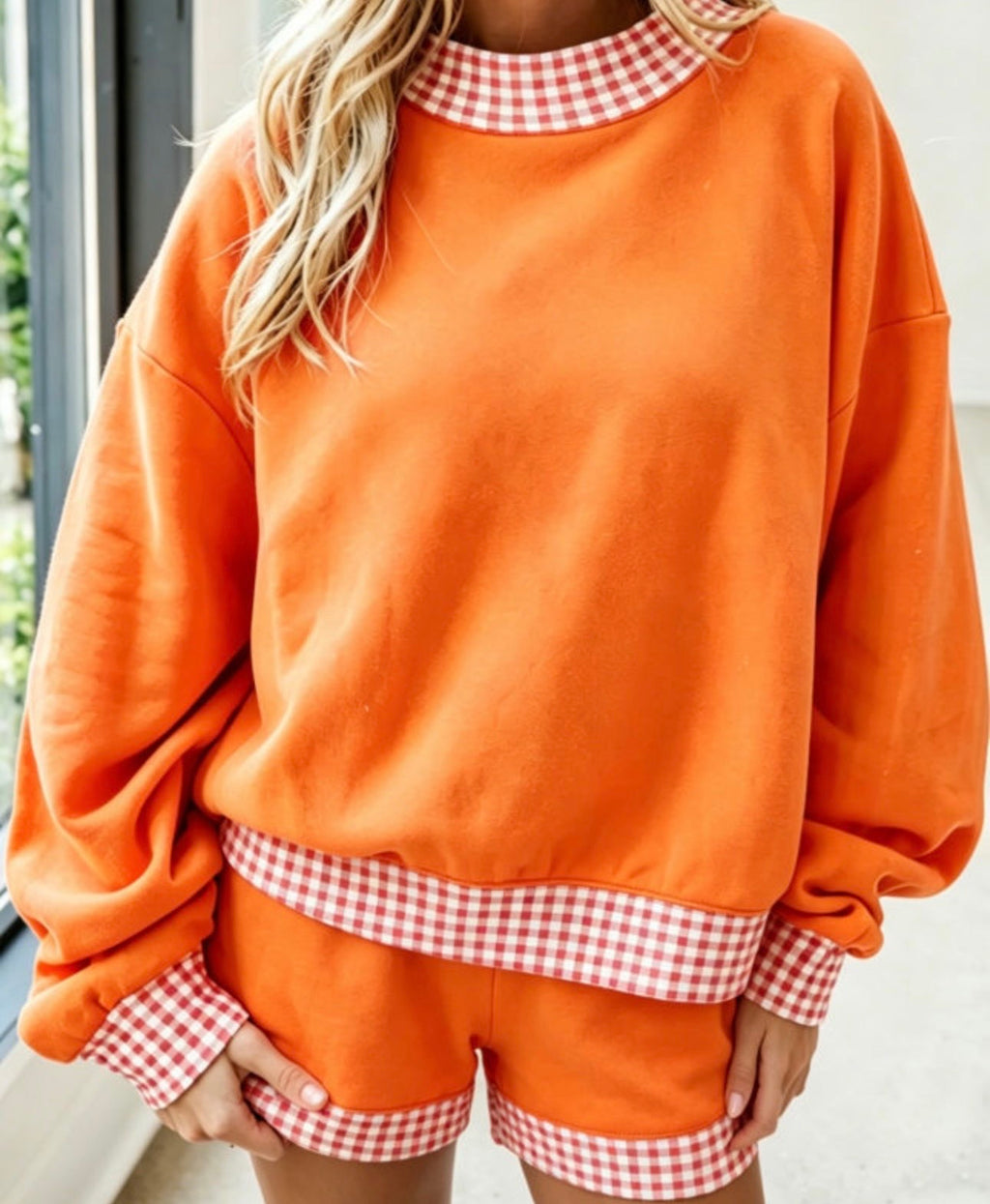 Polka Dot/Gingham Trim Baggy Pullover 2-Piece Short Setting