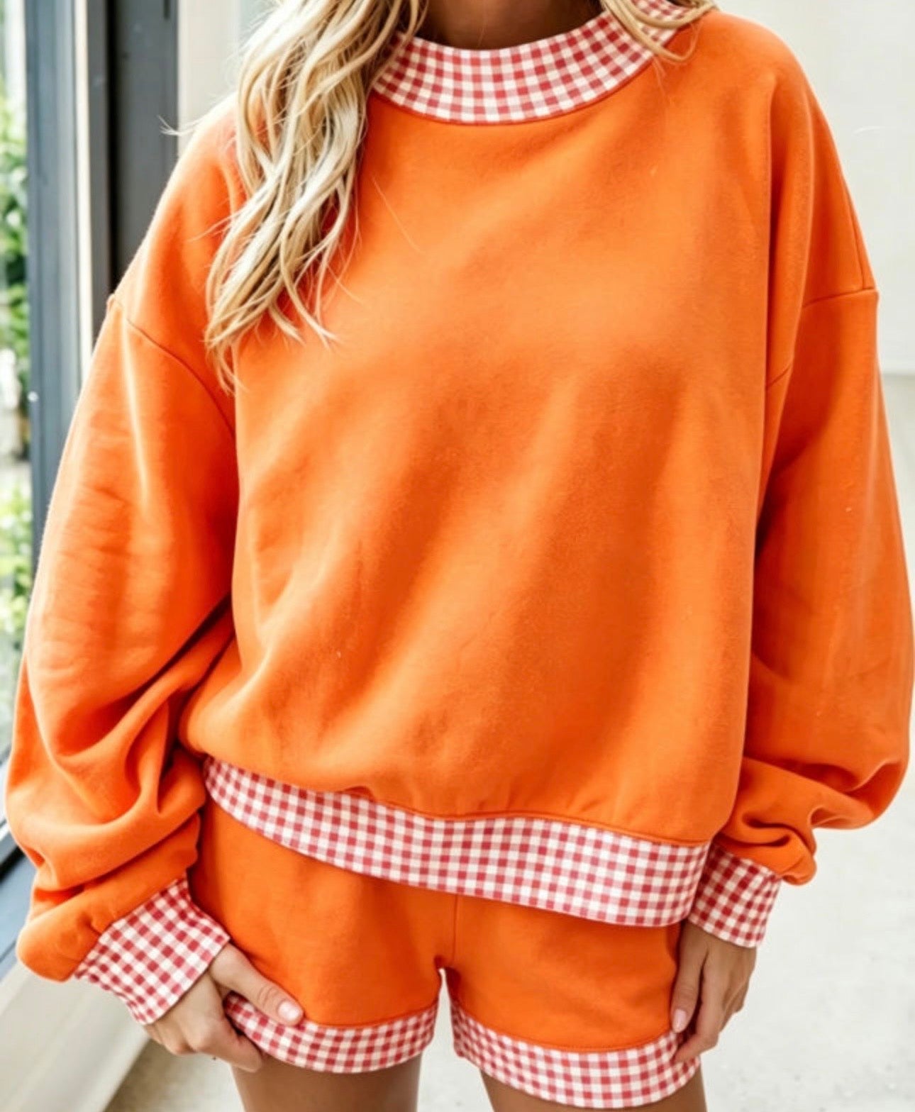 Polka Dot/Gingham Trim Baggy Pullover 2-Piece Short Setting