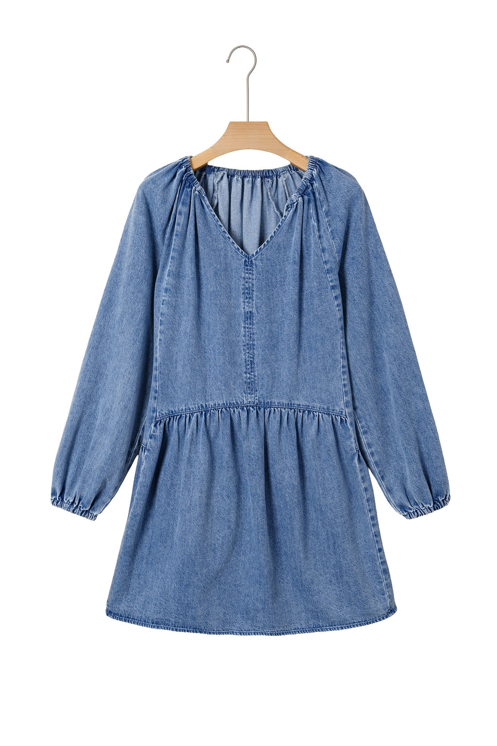 Myosotis Puff Sleeve V-Neck Ruffled Loose Denim Mini Dress