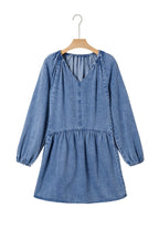 Myosotis Puff Sleeve V-Neck Ruffled Loose Denim Mini Dress