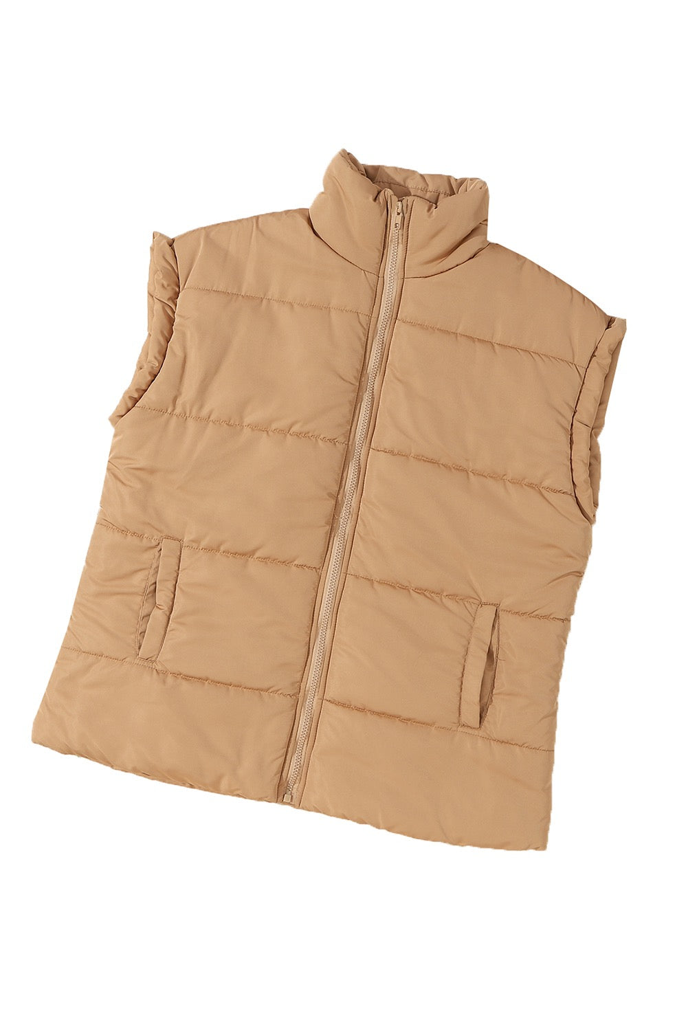 Khaki Oversized Stand Collar Zip Winter Vest