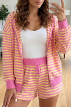 Yellow Stripe Color Block Trim Round Neck Long Sleeve Top Casual Shorts 2pcs Set