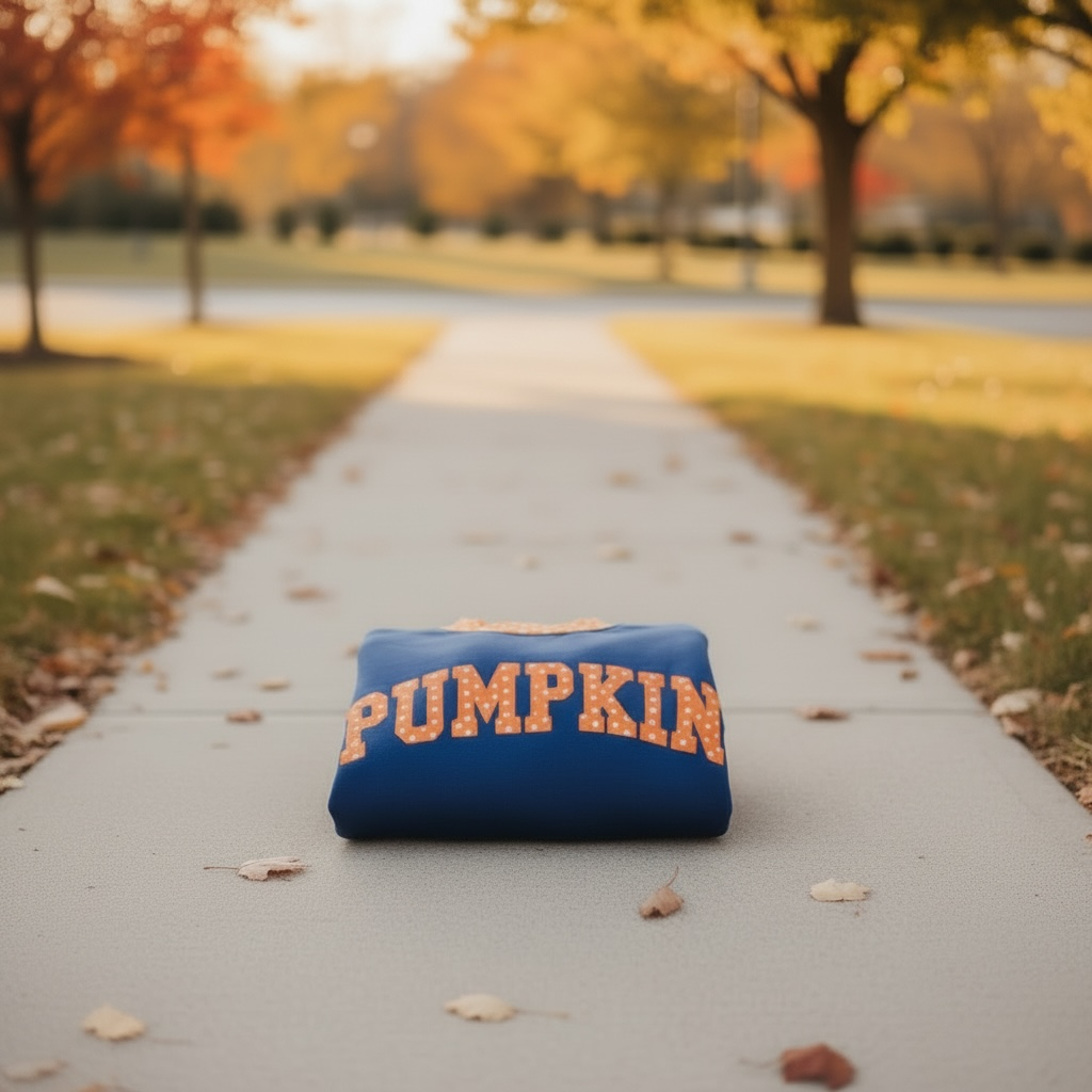 Custom Navy Sweater with Orange Polka Dot Trim & Appliqué Embroidery