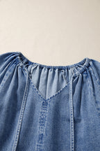 Myosotis Puff Sleeve V-Neck Ruffled Loose Denim Mini Dress