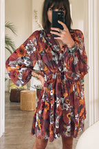 Red Floral Print Wrap V Neck Puff Sleeve Flowy Mini Dress Za