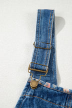 Peacock Blue Floral Patchwork Bib Denim Wide-Leg Overalls