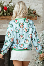 Sky Blue Abstract Dog Print Ribbed Cuff Sweatshirt
