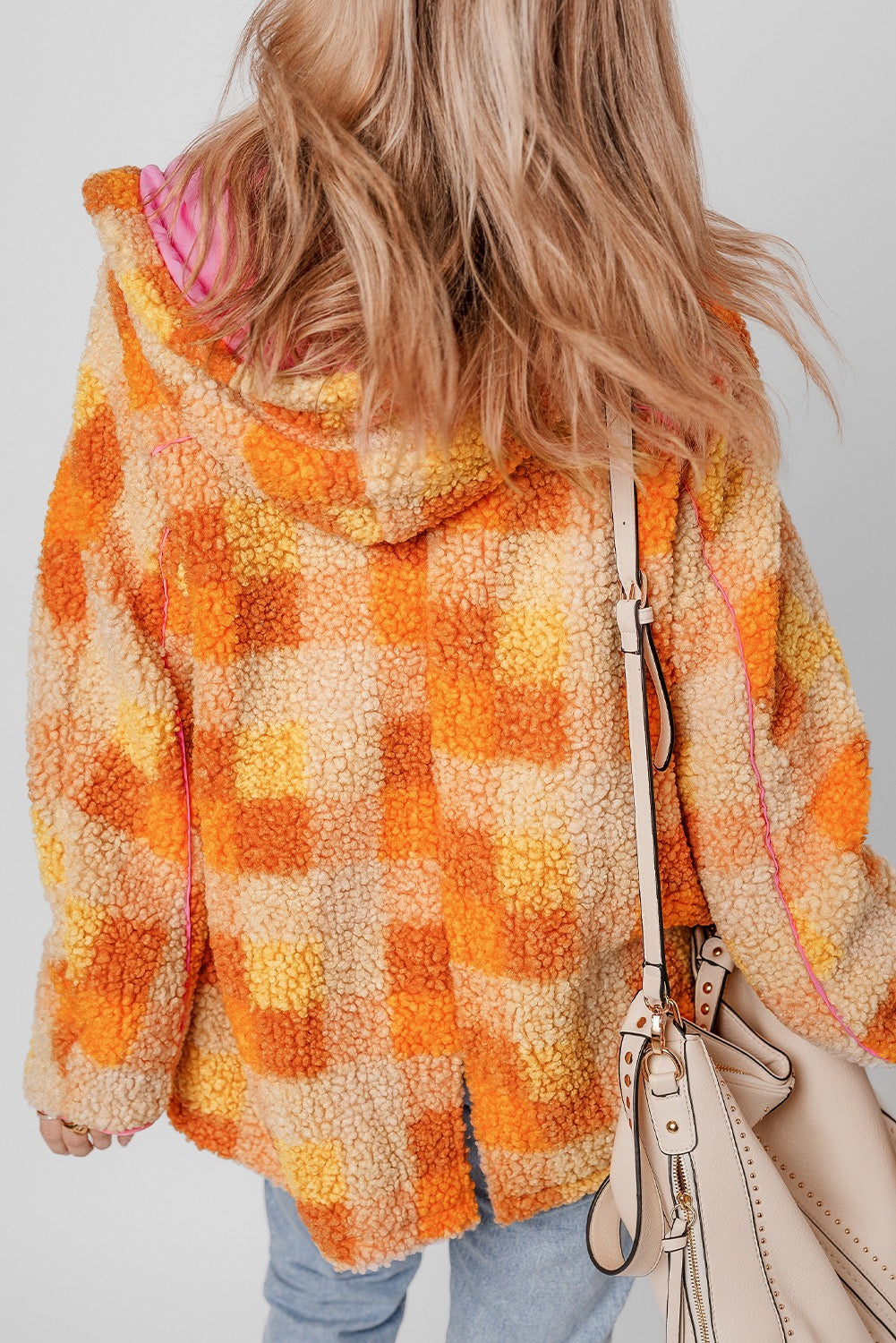 Orange Sherpa Checkered Hooded Jacket