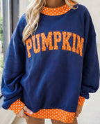 Custom Navy Sweater with Orange Polka Dot Trim & Appliqué Embroidery