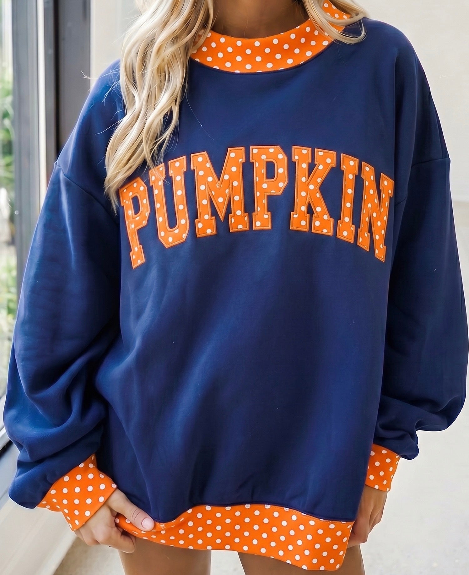 Custom Navy Sweater with Orange Polka Dot Trim & Appliqué Embroidery