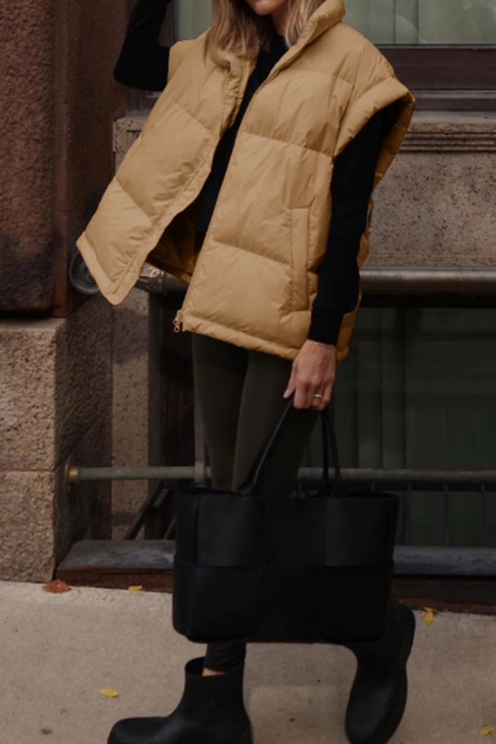 Khaki Oversized Stand Collar Zip Winter Vest