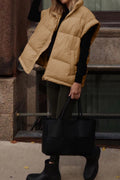 Khaki Oversized Stand Collar Zip Winter Vest
