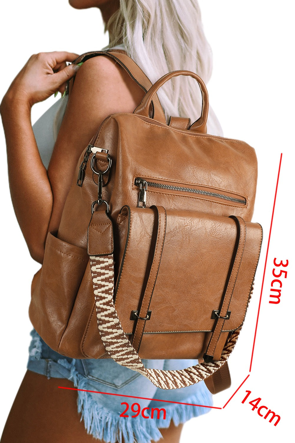 Camel Embroidered Strap Attached Large PU Leather Backpacki