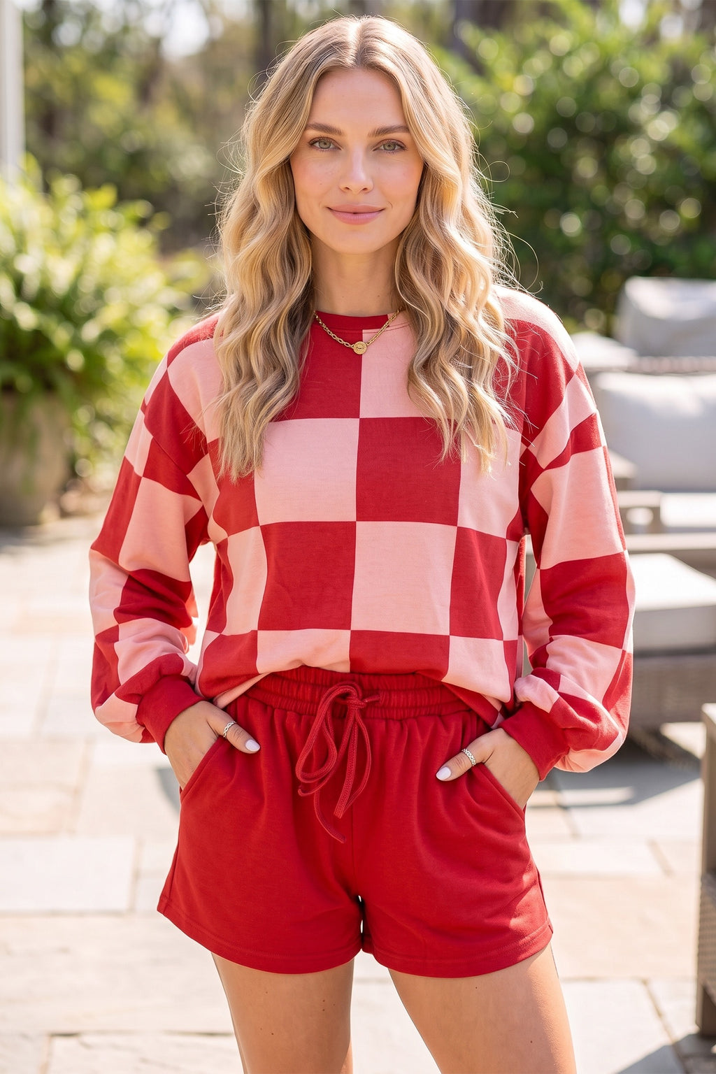 Checkerboard Plaid Long Sleeve & Solid Color Shorts 2pcs Set