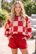 Checkerboard Plaid Long Sleeve & Solid Color Shorts 2pcs Set