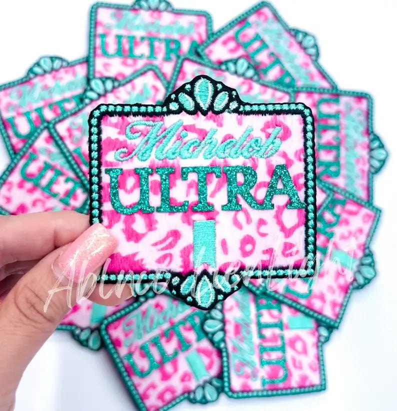 Michelob ultra pink cheetah glitter embroidery patch iron on