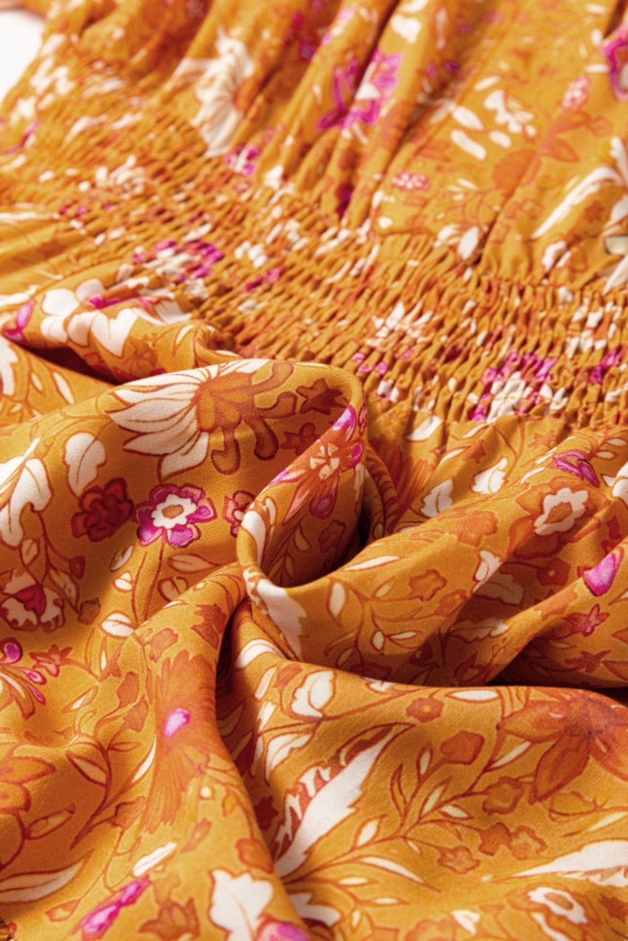 Orange Floral Print Smocked Waist Long Sleeve Boho Maxi Dress