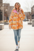 Orange Sherpa Checkered Hooded Jacket