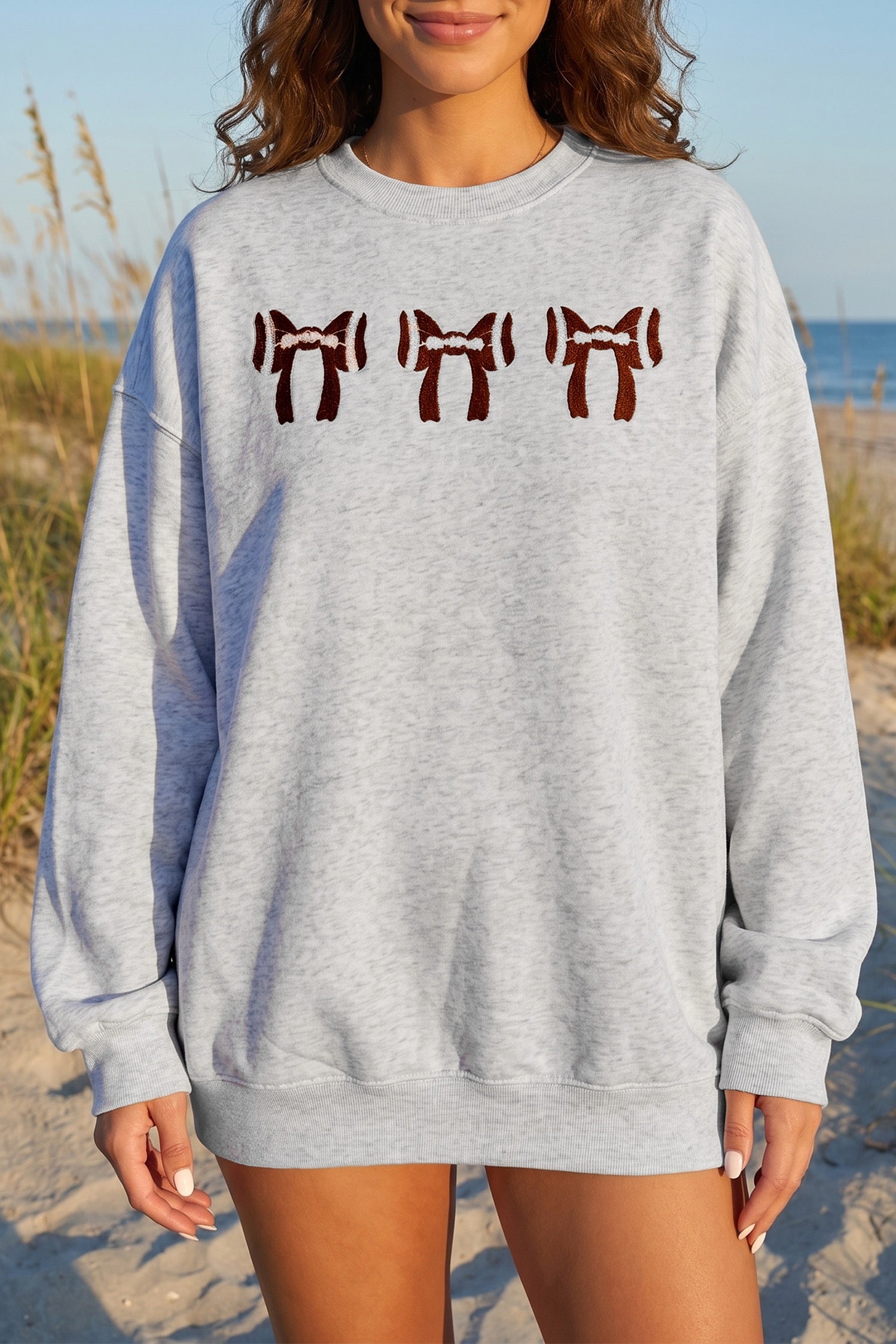 Light Grey Embroidered Football Bow Back Long Sleeve Sweatshirt