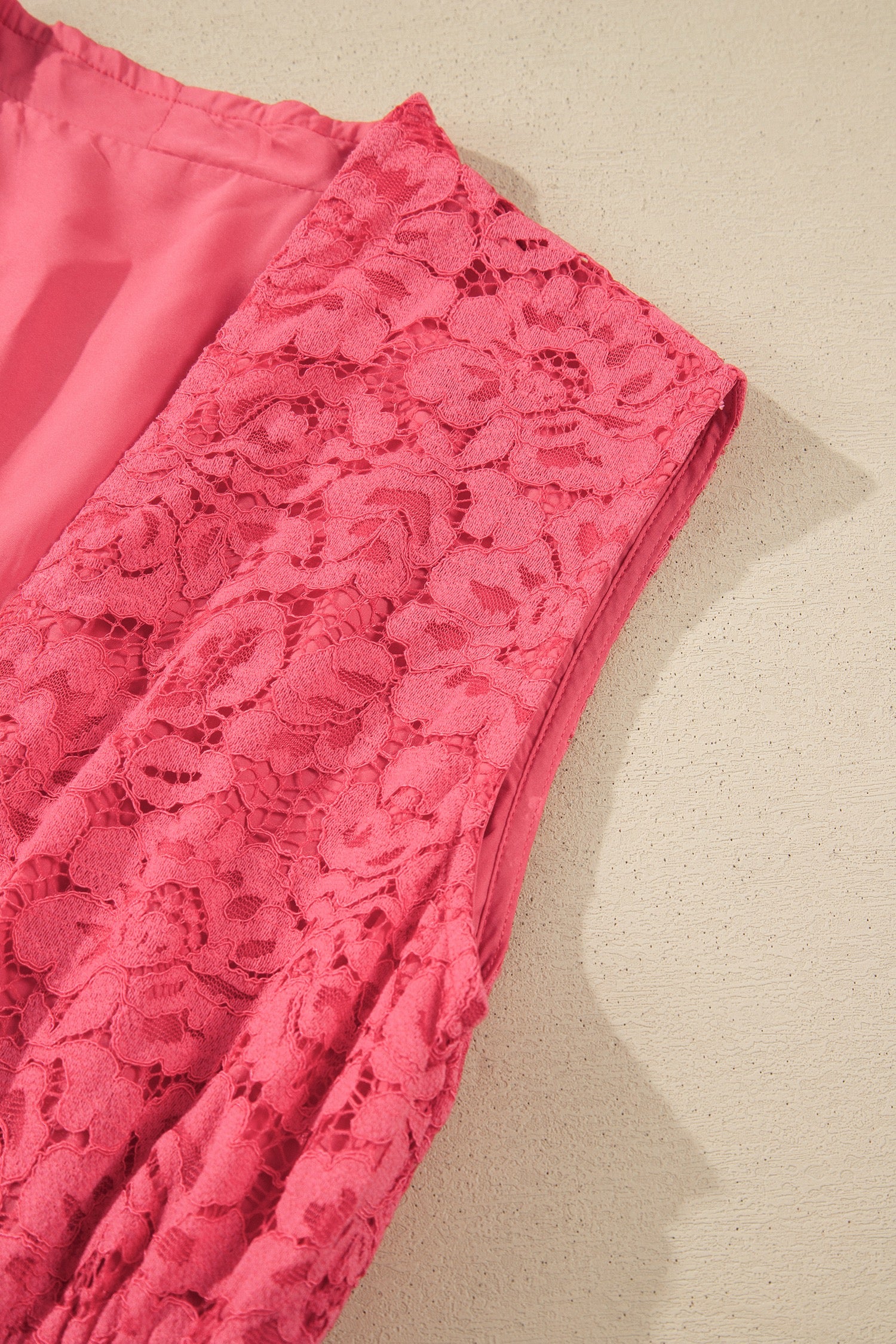 Coral Floral Lace Overlay Zip Up V Neck Smocked Waist Sleeveless Dress