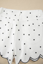Hem Shorts White Polka Dot Print Embroidered Scallop