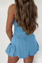 Mist Blue Ribbed Slim Tank & Pocketed Wide Leg Shorts Set