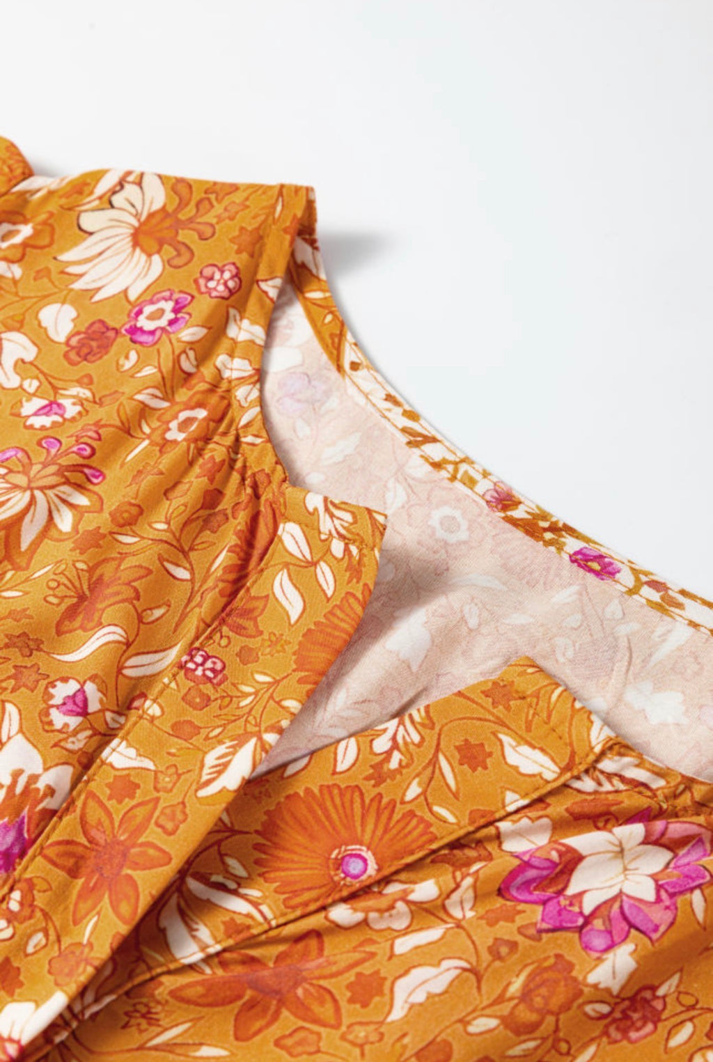 Orange Floral Print Smocked Waist Long Sleeve Boho Maxi Dress