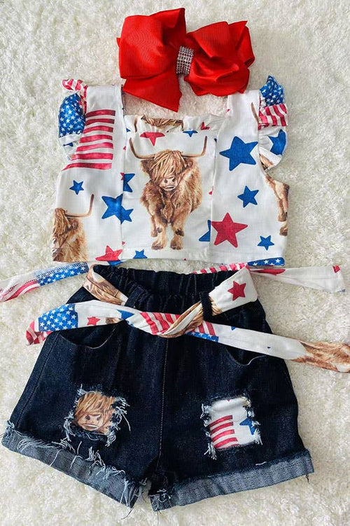 4th of July backless top denim shorts girls set DLH2392