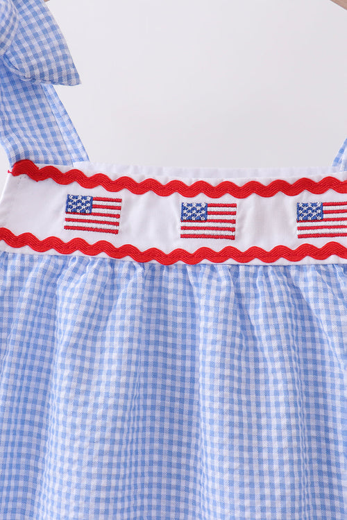 Blue flag embroidery ruffle dress