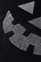 Black Halloween Rhinestone Pumpkin Face Contrast Ribbed Long Sleeve Top