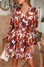 Red Floral Print Wrap V Neck Puff Sleeve Flowy Mini Dress Za