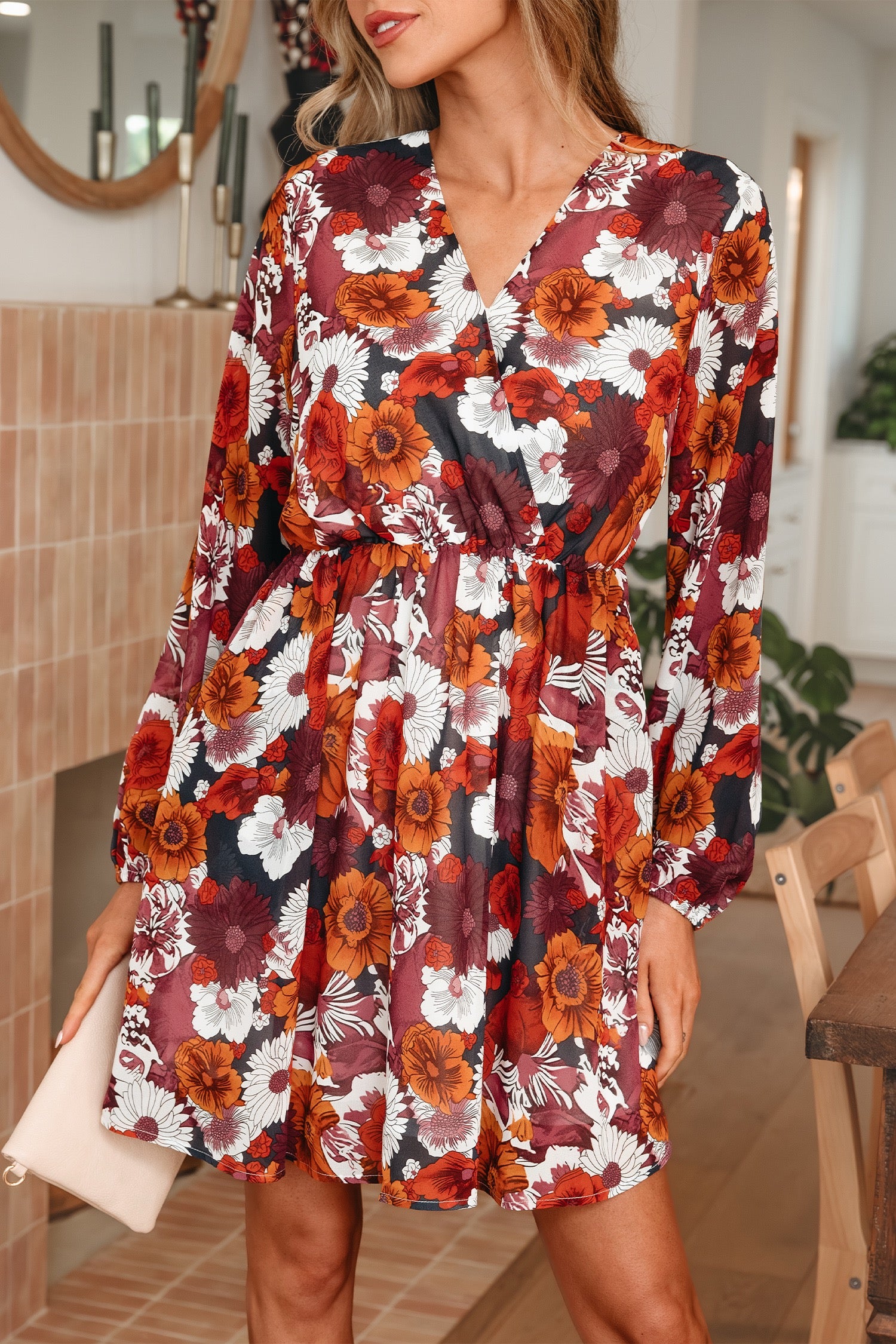 Red Floral Print Wrap V Neck Puff Sleeve Flowy Mini Dress Za