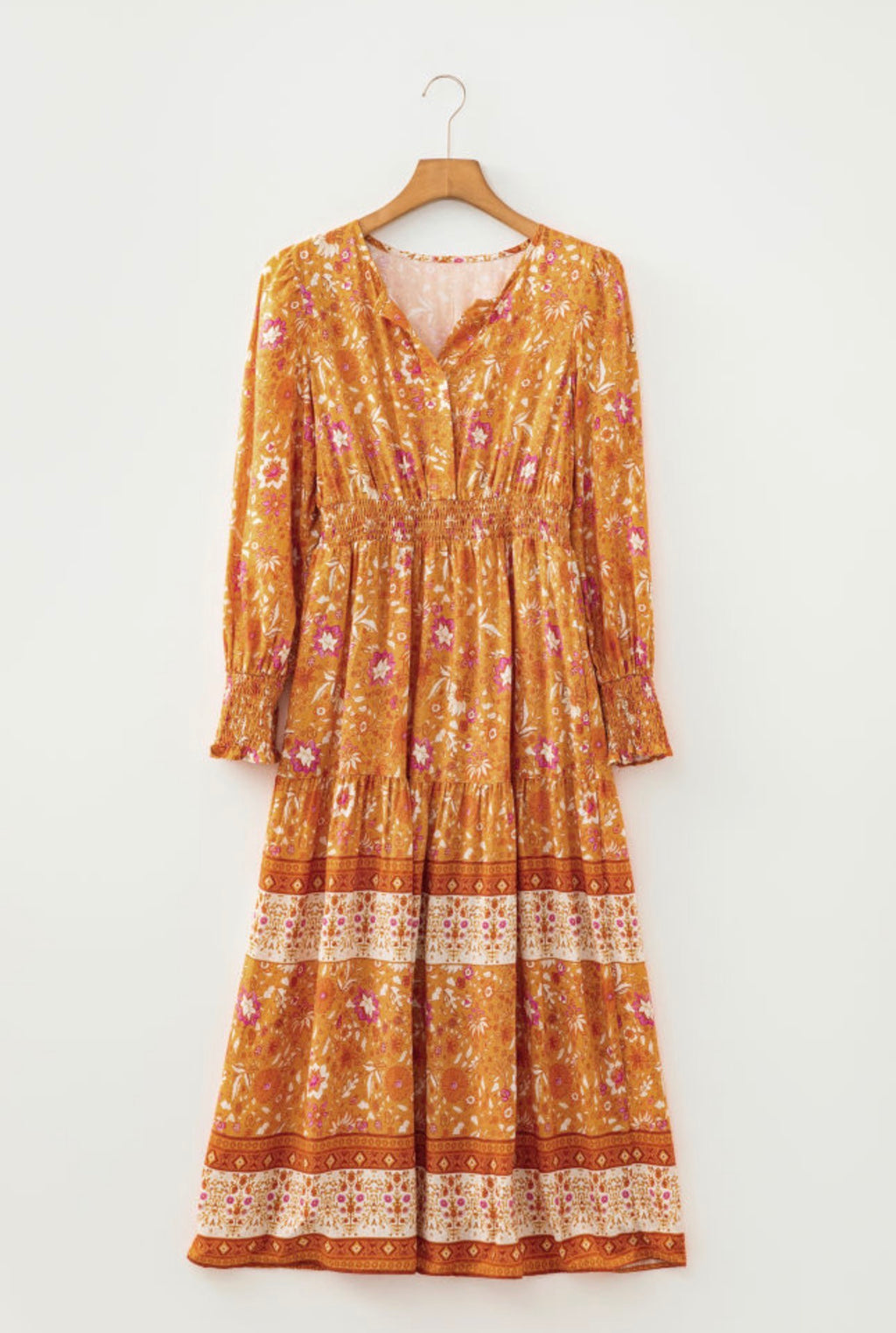 Orange Floral Print Smocked Waist Long Sleeve Boho Maxi Dress