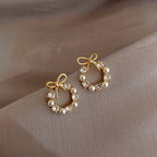 Sparkling Bow Pearl diamond Stud Earrings